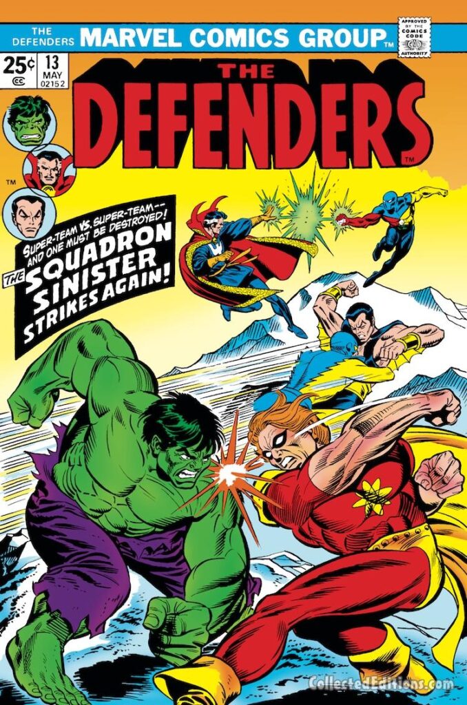 Defenders #13 cover; pencils, Gil Kane; inks, Frank Giacoia; Defenders vs. Squadron Supreme, Hyperion, Sub-Mariner
