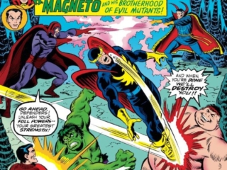 Defenders #15 cover; pencils, Sal Buscema; inks, Frank Giacoia, Mike Esposito; alterations, John Romita Sr.; Panic at the Earth's Core, Magneto, Brotherhood of Evil Mutants, the Blob, Unus, Nighthawk