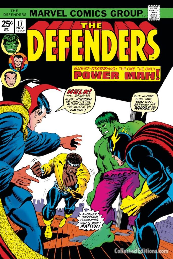 Defenders #17 cover; pencils, Ron Wilson; Luke Cage/Power Man, Nighthawk, Incredible Hulk, Doctor Strange