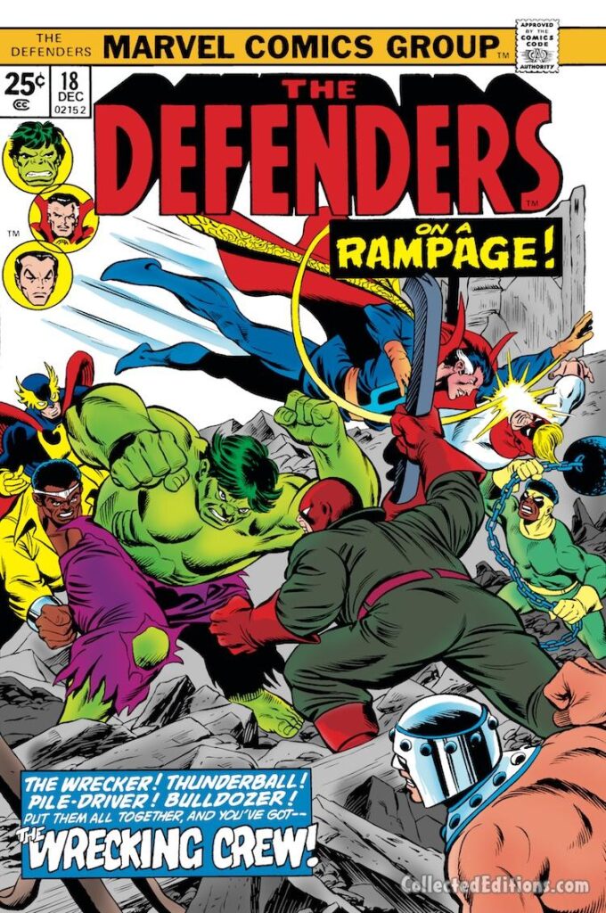 Defenders #18 cover; pencils, Gil Kane; inks, Dave Cockrum; Wrecking Crew, The Wrecker, Thunderball, Pile-Driver, Bulldozer