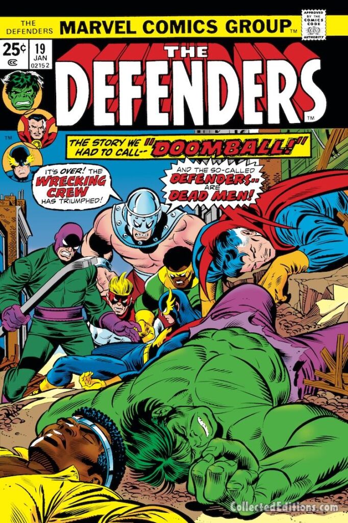 Defenders #19 cover; pencils, Gil Kane; inks, Joe Sinnott; Wrecking Crew, Incredible Hulk, Doctor Strange