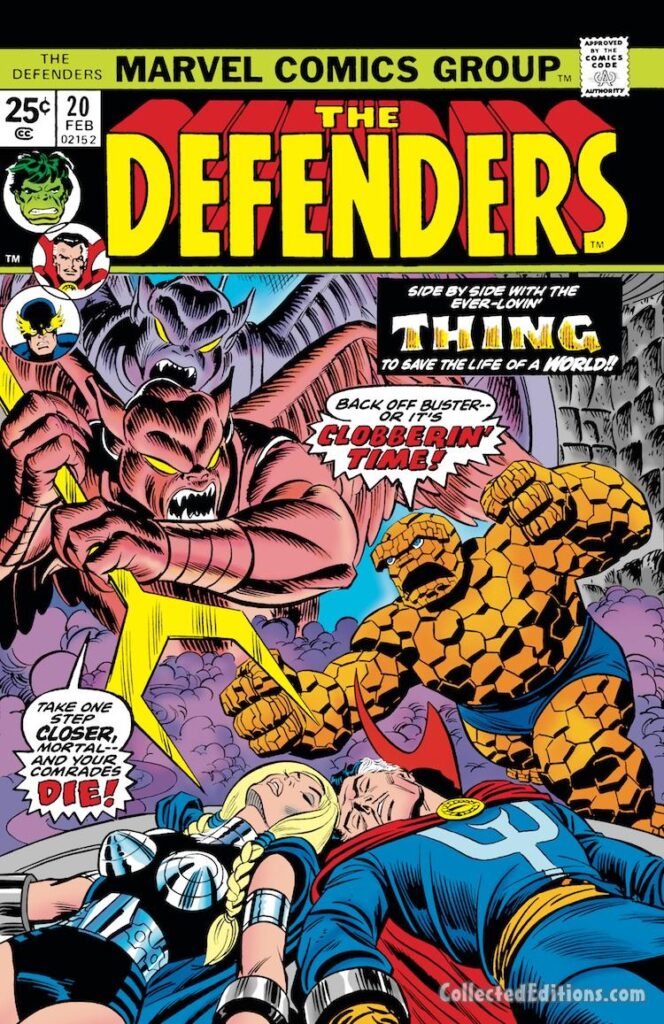 Defenders #20 cover; pencils, unknown; inks, John Romita Sr.; Thing/Valkyrie/Doctor Strange