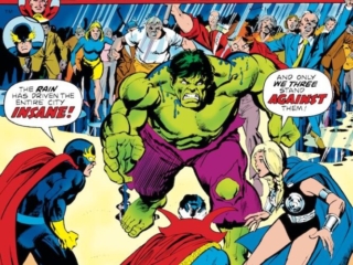 Defenders #21 cover; pencils, Gil Kane; inks, Klaus Janson Defenders #21 cover; pencils, Gil Kane; inks, Klaus Janson; Valkyrie, Nighthawk, Doctor Strange, Incredible Hulk, Black Rain