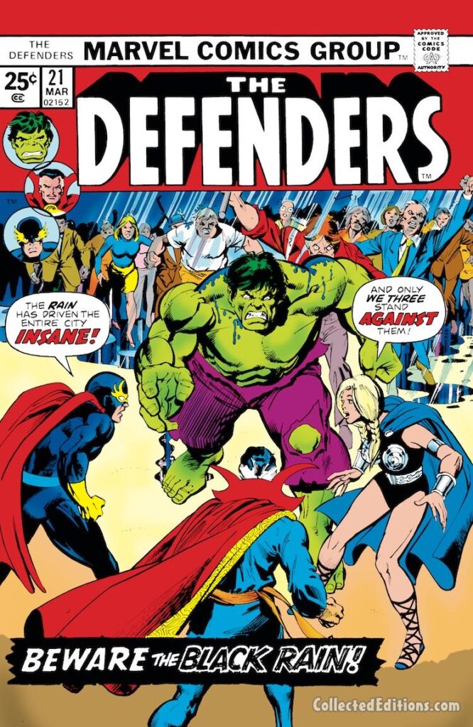 Defenders #21 cover; pencils, Gil Kane; inks, Klaus Janson; Valkyrie, Nighthawk, Doctor Strange, Incredible Hulk, Black Rain