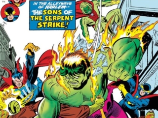 Defenders #22 cover; pencils, Gil Kane; inks, Joe Sinnott; Incredible Hulk, Sons of the Serpent Society, Nighthawk, Doctor Strange