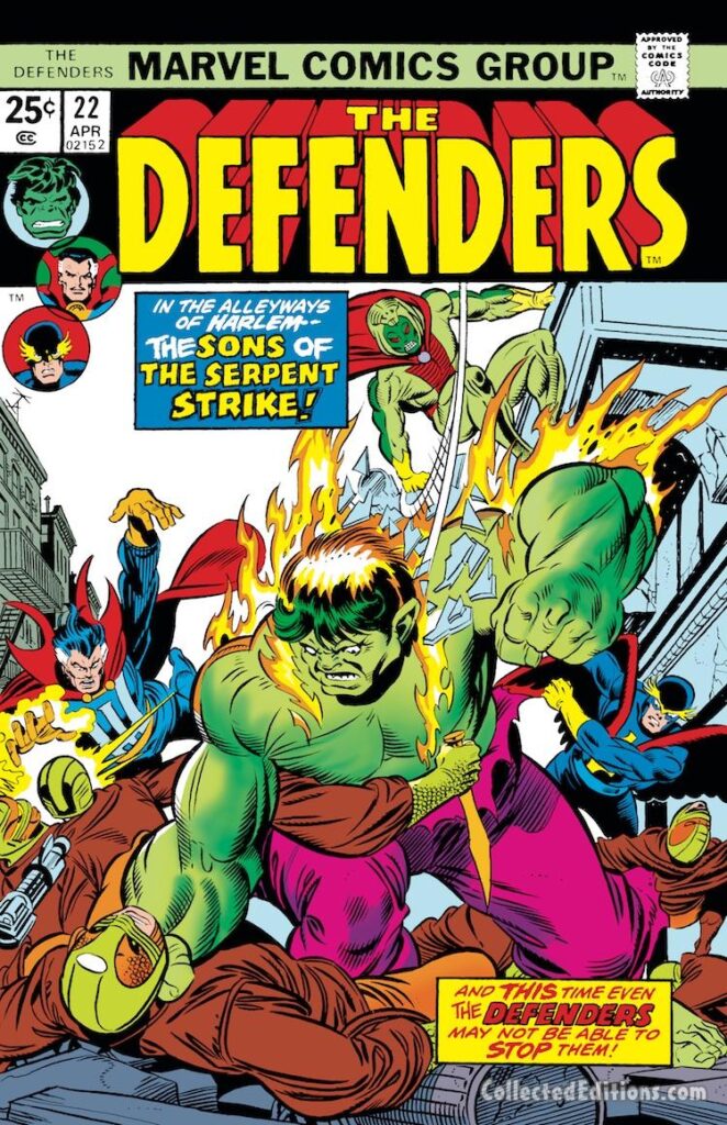 Defenders #22 cover; pencils, Gil Kane; inks, Joe Sinnott; Incredible Hulk, Sons of the Serpent Society, Nighthawk, Doctor Strange
