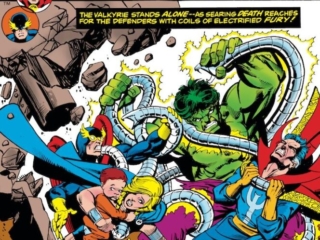 Defenders #23 cover; pencils, Gil Kane; inks, Klaus Janson; Valkyrie, Doctor Strange, Hulk, Nighthawk