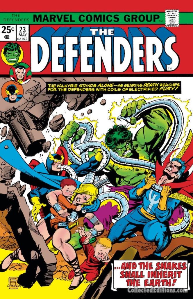 Defenders #23 cover; pencils, Gil Kane; inks, Klaus Janson; Valkyrie, Doctor Strange, Hulk, Nighthawk