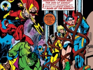 Defenders #24 cover; pencils, Gil Kane; inks, Klaus Janson; Son of Satan, Hulk, Luke Cage, Daredevil, Yellowjacket, Sons of the Serpent Society