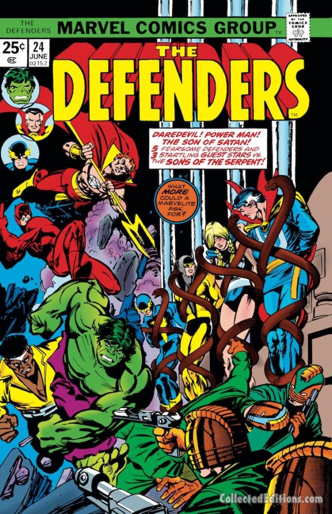 Defenders #24 cover; pencils, Gil Kane; inks, Klaus Janson; Son of Satan, Hulk, Luke Cage, Daredevil, Yellowjacket, Sons of the Serpent Society