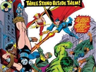 Defenders #25 cover; pencils, Gil Kane; Three Stand Beside Them, Valkyrie, Doctor Strange, Luke Cage, Daredevil