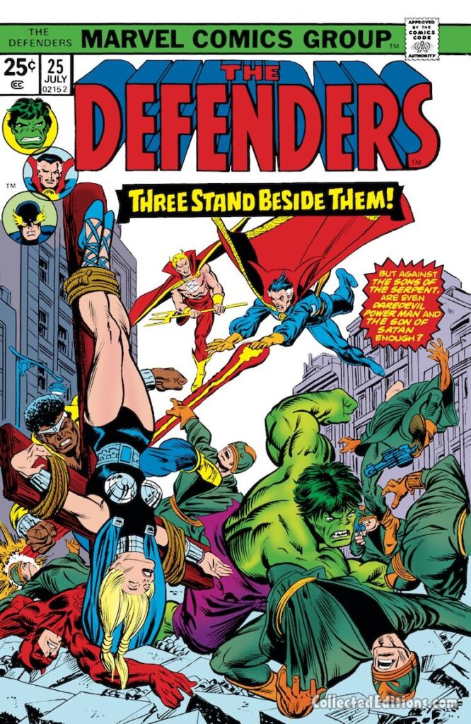 Defenders #25 cover; pencils, Gil Kane; Three Stand Beside Them, Valkyrie, Doctor Strange, Luke Cage, Daredevil