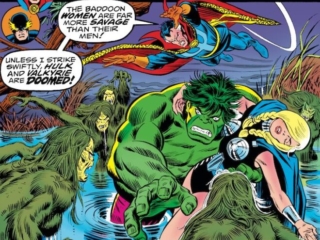 Defenders #27 cover; pencils, Gil Kane; inks, John Romita Sr.; Valkyrie, Hulk, Doctor Strange, Three Worlds to Conquer