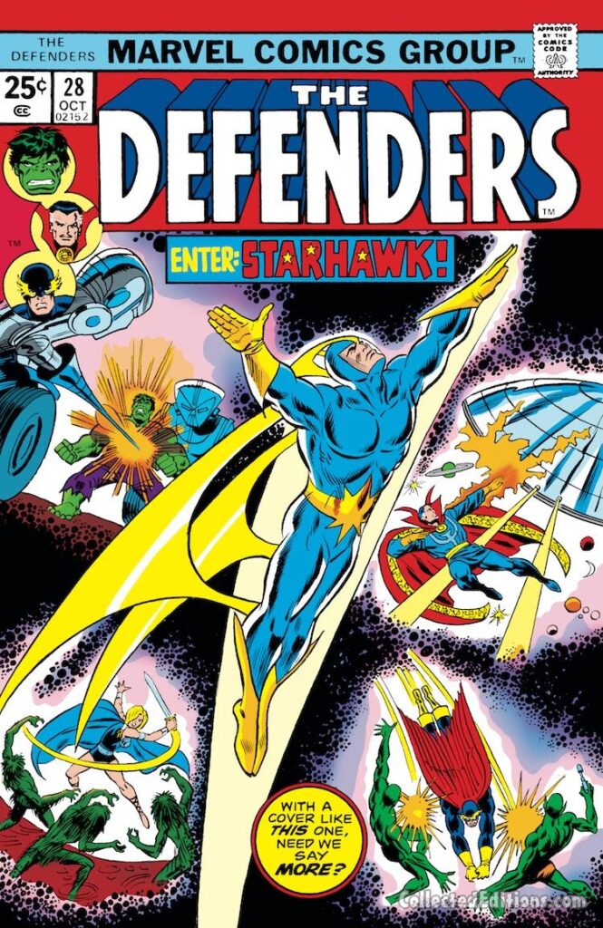 Defenders #28 cover; pencils, Ron Wilson; inks, Frank Giacoia; Starhawk, Guardians of the Galaxy