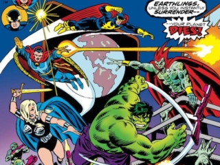 Defenders #29 cover; pencils, Ron Wilson; inks, Frank Giacoia; alterations, John Romita Sr.; Badoon, Guardians of the Galaxy, Hulk, Valkyrie