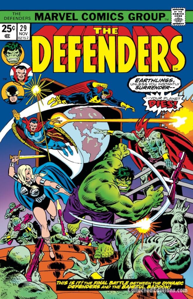 Defenders #29 cover; pencils, Ron Wilson; inks, Frank Giacoia; alterations, John Romita Sr.; Badoon, Guardians of the Galaxy, Hulk, Valkyrie