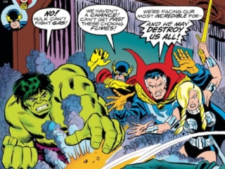 Defenders #30 cover; pencils, unknown; inks, Mike Esposito; Hulk, Nighthawk, Doctor Strange, Valkyrie, Theatre of Fear