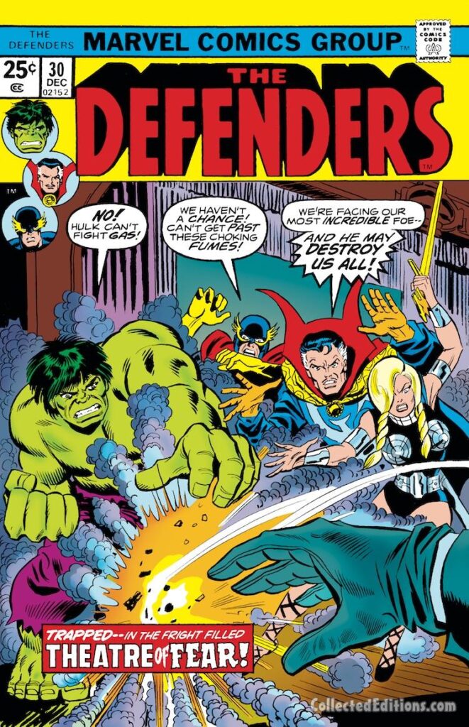 Defenders #30 cover; pencils, unknown; inks, Mike Esposito; Hulk, Nighthawk, Doctor Strange, Valkyrie, Theatre of Fear