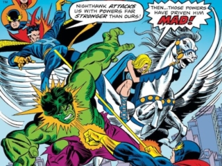 Defenders #31 cover; pencils, Gil Kane; inks, Frank Giacoia; Valkyrie, winged horse, Nighthawk, Hulk, Doctor Strange