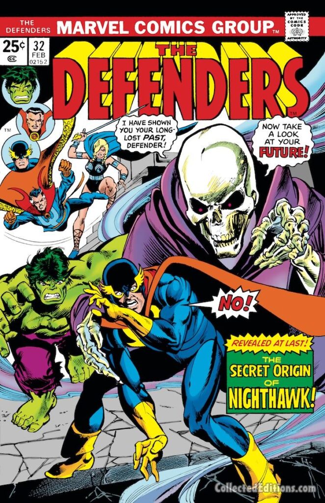 Defenders #32 cover; pencils, Gil Kane; inks, Klaus Janson; Secret origin of Nighthawk/Kyle Richmond