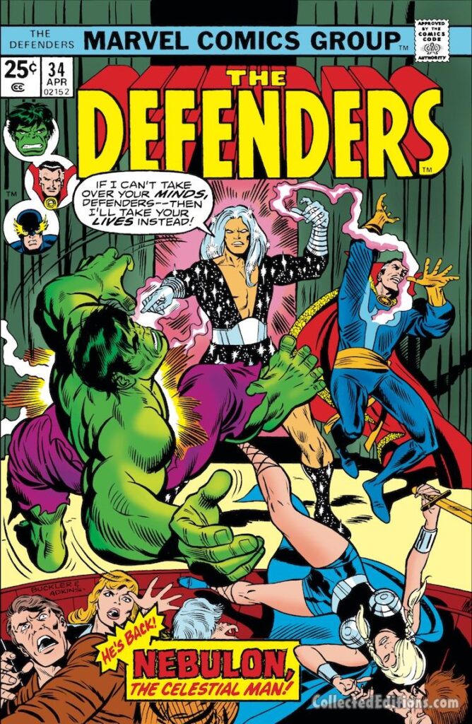 Defenders #34 cover; pencils, Rich Buckler; inks, Dan Adkins; Nebulon the Celestial Man