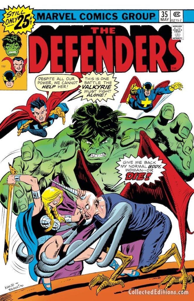 Defenders #35 cover; pencils, Gil Kane; inks, Mike Esposito; Chondo, Headmen, Valkyrie