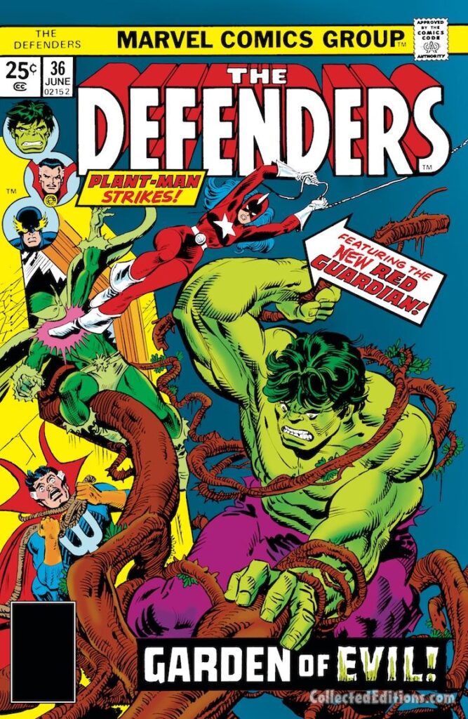 Defenders #36 cover; pencils, Gil Kane; inks, Mike Esposito; New Red Guardian/Tania Belinsky, Hulk, Plant-Man, Garden of Evil