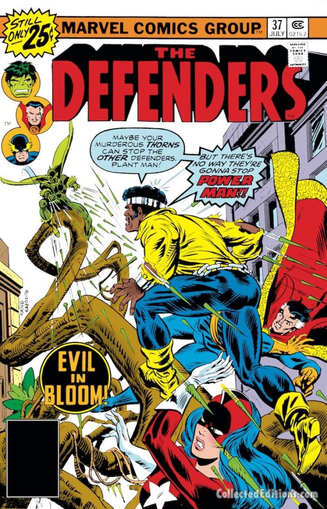 Defenders #37 cover; pencils, Gil Kane; inks, Mike Esposito; Plant-Man, Luke Cage, Power Man, Red Guardian/Tania Belinsky