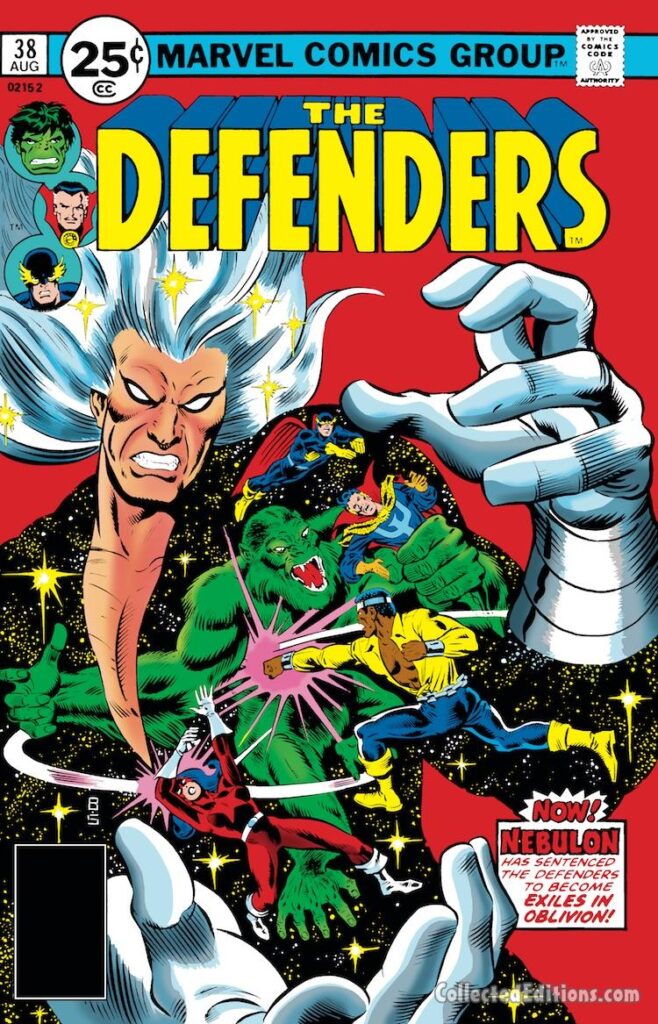 Defenders #38 cover; pencils, Rich Buckler; inks, Joe Sinnott; Nebulon, Hulk, Luke Cage, Power Man