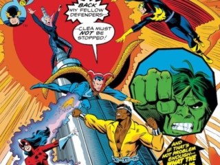 Defenders #39 cover; pencils, Ed Hannigan; inks, Dan Adkins; Red Guardian, Tania Belinsky, Incredible Hulk, Power Man/Luke Cage, Clea, Doctor Strange