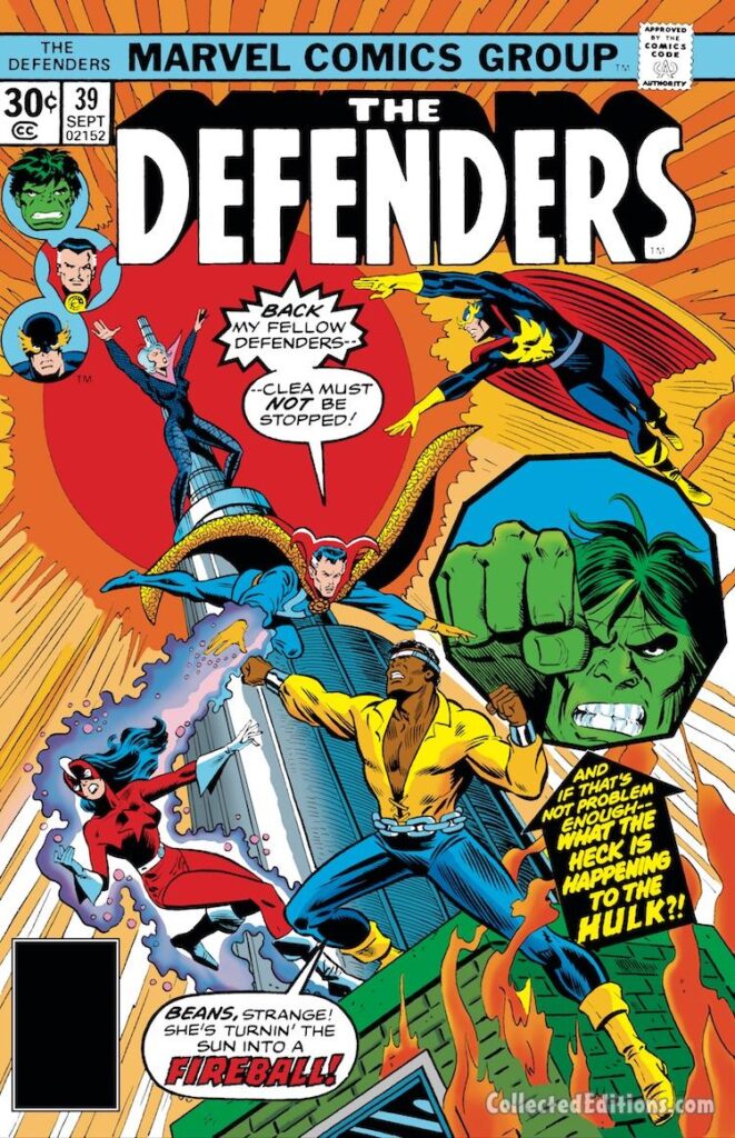 Defenders #39 cover; pencils, Ed Hannigan; inks, Dan Adkins; Red Guardian, Tania Belinsky, Incredible Hulk, Power Man/Luke Cage, Clea, Doctor Strange