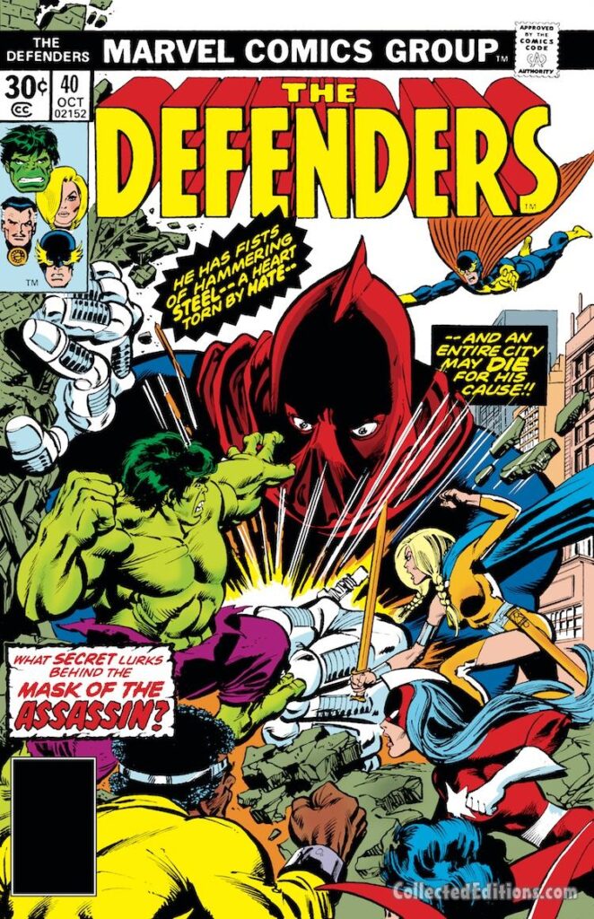 Defenders #40 cover; pencils, Gil Kane; inks, Klaus Janson; The Assassin, Valkyrie, Red Guardian, Power Man, Luke Cage
