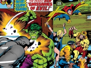 Defenders #42 cover; pencils, Jack Kirby; inks, Klaus Janson; Emissaries of Evil; Rhino, Hulk, Solarr/Silas King, Doctor Strange