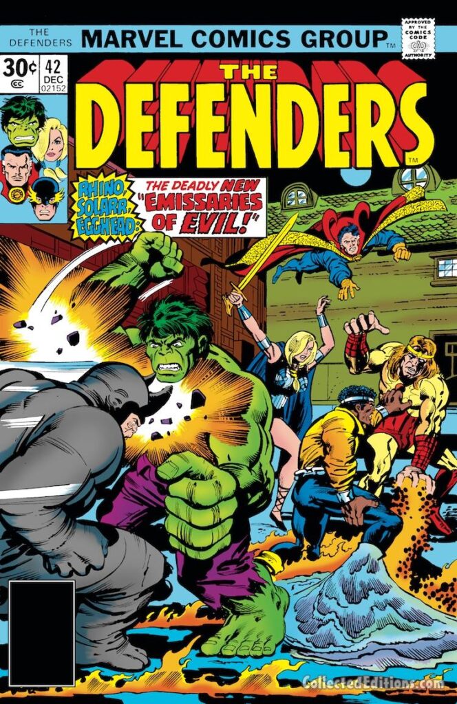 Defenders #42 cover; pencils, Jack Kirby; inks, Klaus Janson; Emissaries of Evil; Rhino, Hulk, Solarr/Silas King, Doctor Strange