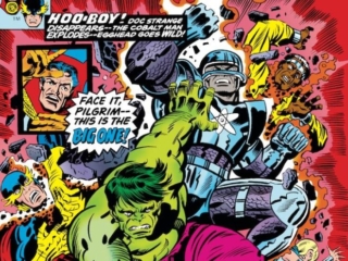 Defenders #43 cover; pencils, Jack Kirby; inks, Al Milgrom, Cobalt Man, Luke Cage, Power Man, Doctor Strange, Hulk