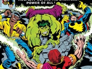 Defenders #44 cover; pencils, Jack Kirby; inks, Al Milgrom; Secret of the Red Rajah, Nighthawk, Hulk, Power Man, Luke Cage