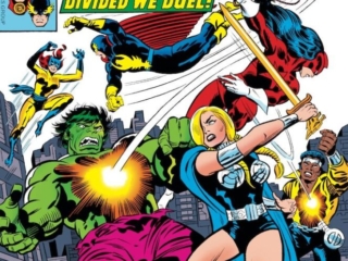 Defenders #45 cover; pencils, Jack Kirby; inks, Joe Sinnott; alterations, John Romita Sr.; Red Guardian/Tania Belinsky, Hulk, Hellcat/Patsy Walker, Luke Cage/Power Man