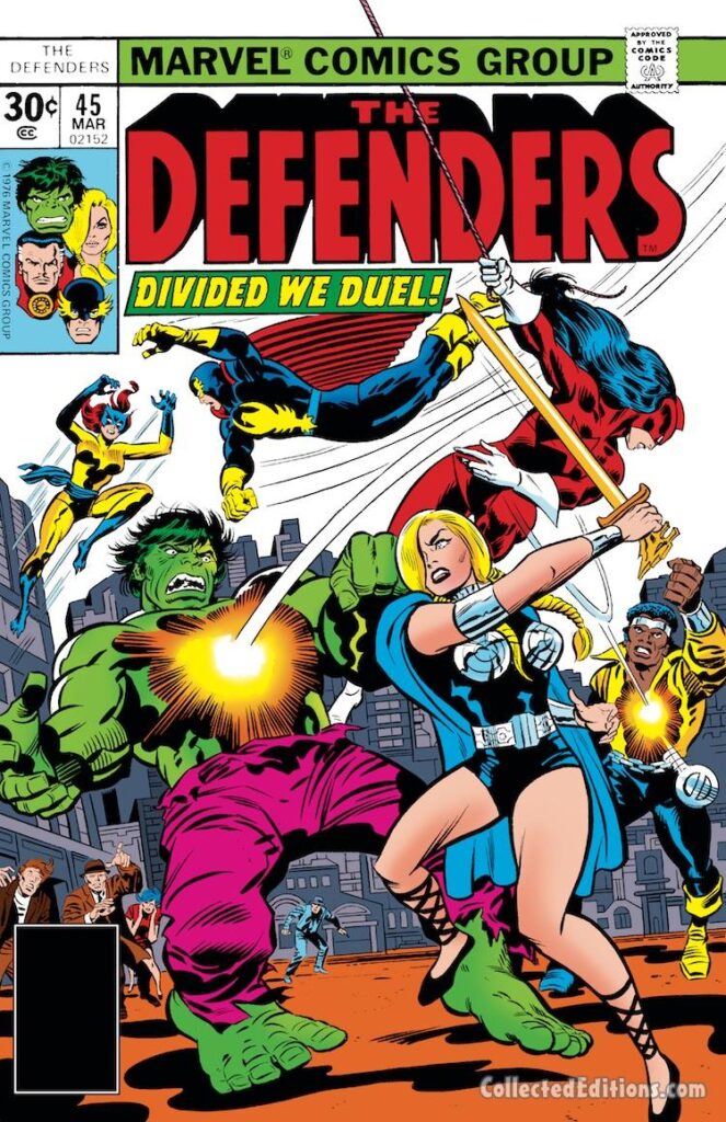 Defenders #45 cover; pencils, Jack Kirby; inks, Joe Sinnott; alterations, John Romita Sr.; Red Guardian/Tania Belinsky, Hulk, Hellcat/Patsy Walker, Luke Cage/Power Man