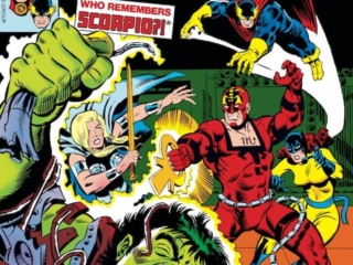 Defenders #46 cover; pencils, Ed Hannigan; inks, Joe Sinnott; Who Remembers Scorpio, Valkyrie, Hellcat