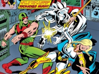 Defenders #47 cover; pencils, Ed Hannigan; inks, Joe Sinnott; Wonder Man/Simon Williams, Moon Knight, Valkyrie, Avengers vs. Defender