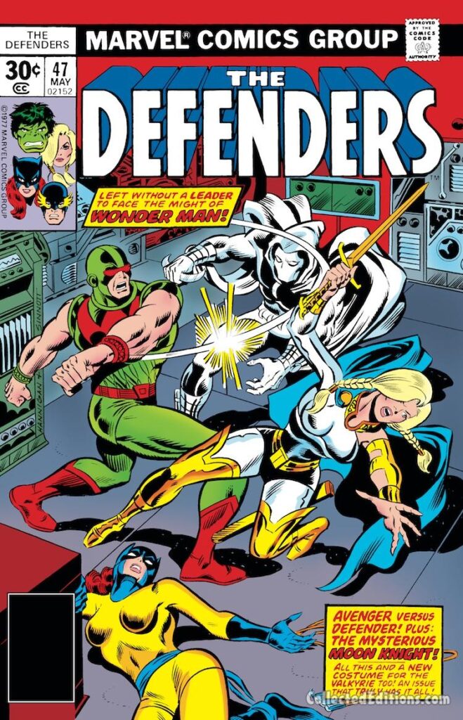 Defenders #47 cover; pencils, Ed Hannigan; inks, Joe Sinnott; Wonder Man/Simon Williams, Moon Knight, Valkyrie, Avengers vs. Defender