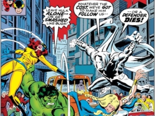 Defenders #49 cover; pencils and inks, Al Milgrom; Moon Knight, Hulk, Valkyrie, Hellcat, Patsy Walker