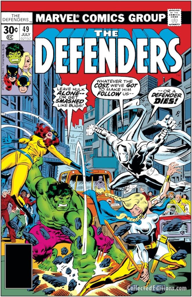 Defenders #49 cover; pencils and inks, Al Milgrom; Moon Knight, Hulk, Valkyrie, Hellcat, Patsy Walker