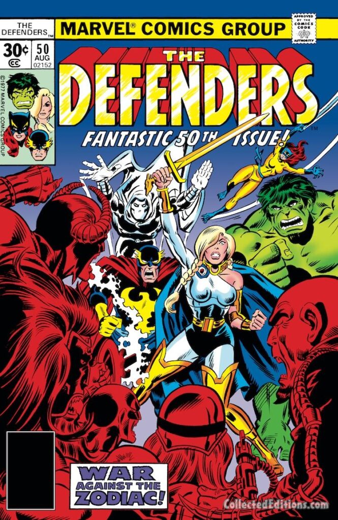 Defenders #50 cover; pencils and inks, Al Milgrom; Valkyrie, Hulk, Hellcat, Patsy Walker, Nighthawk, Moon Knight, War Against the Zodiac