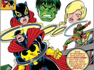 Defenders #51 cover; pencils, George P&eacute;rez; inks, Pablo Marcos; Nighthawk, Wrath of the Ringer