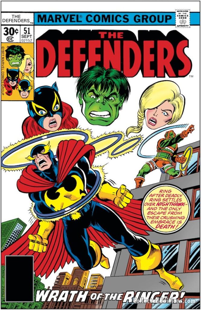 Defenders #51 cover; pencils, George Pérez; inks, Pablo Marcos; Nighthawk, Wrath of the Ringer