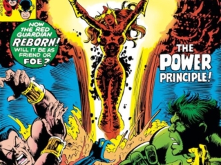 Defenders #53 cover; pencils, George P&eacute;rez; inks, Bob Wiacek; The Red Guardian, Tania Belinsky, The Power Principle