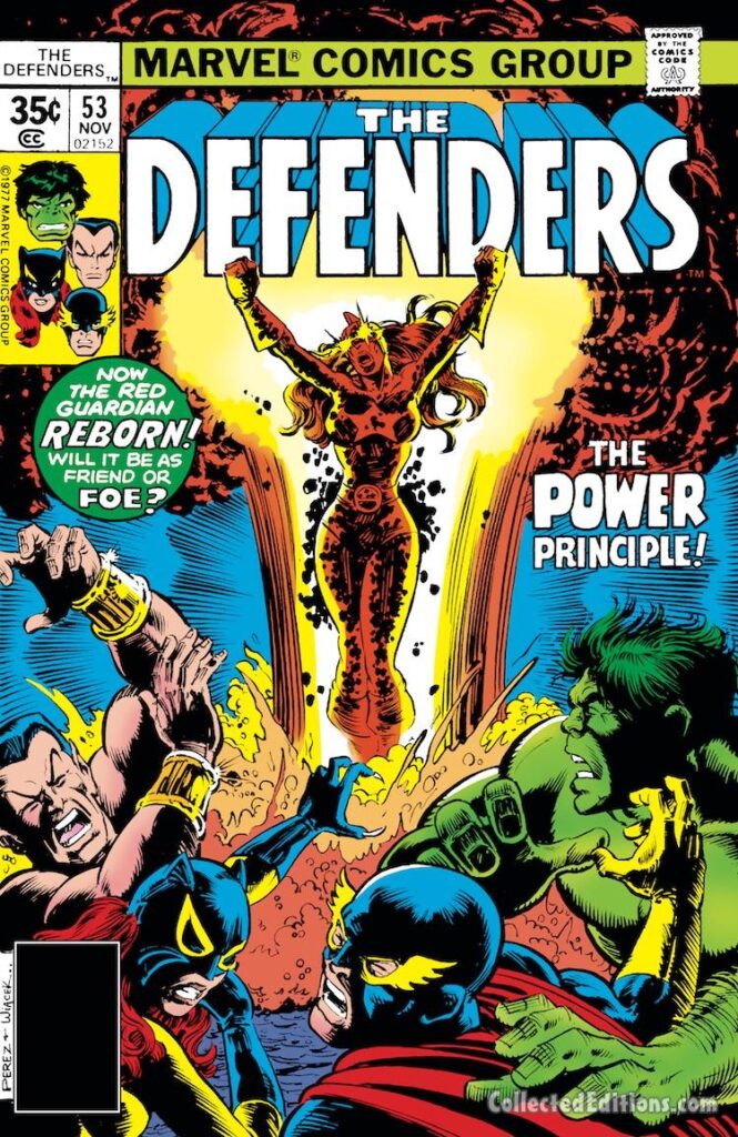 Defenders #53 cover; pencils, George Pérez; inks, Bob Wiacek; The Red Guardian, Tania Belinsky, The Power Principle