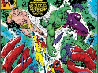 Defenders #54 cover; pencils, George P&eacute;rez; inks, Ernie Chan; Dark Waters of Swift Doom, Hellcat, Sub-Mariner, Hulk