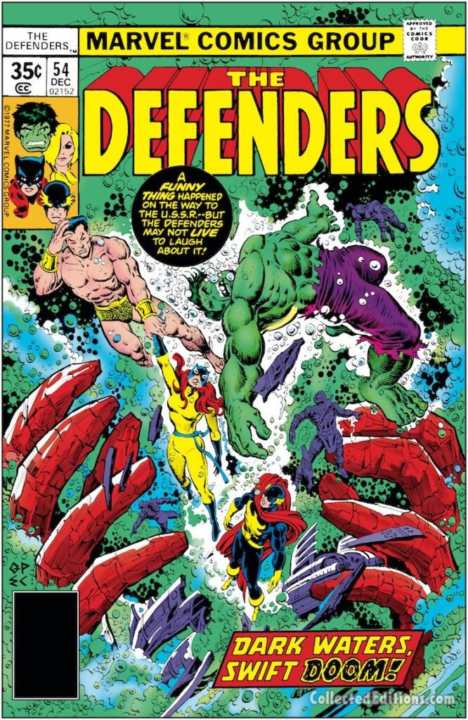 Defenders #54 cover; pencils, George Pérez; inks, Ernie Chan; Dark Waters of Swift Doom, Hellcat, Sub-Mariner, Hulk